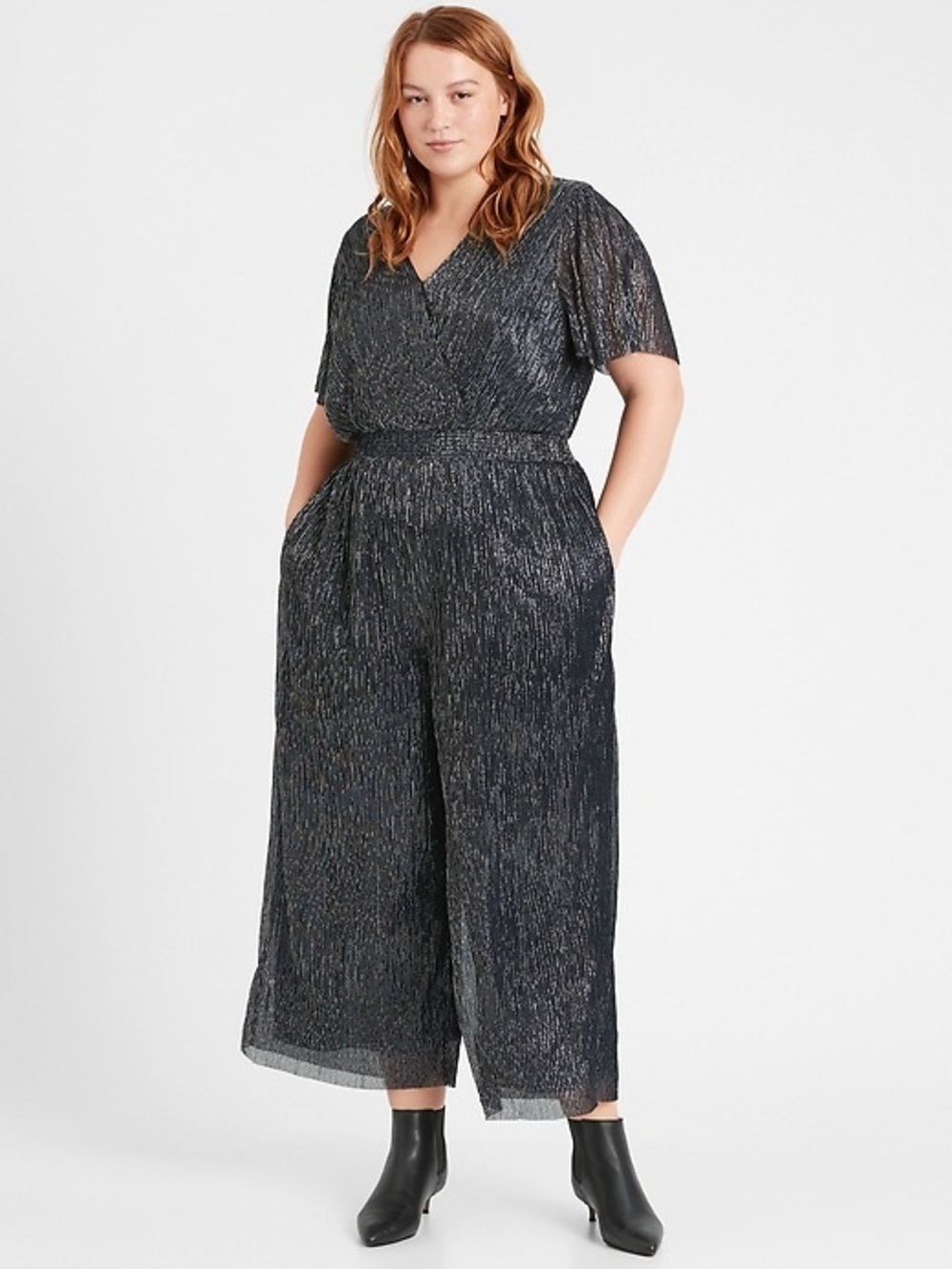 Banana Republic Navy Metallic Wrap Jumpsuit (XL Tall)